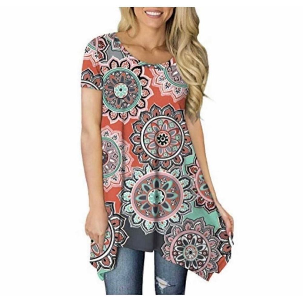 NWT Womens Bishuige Asymmetrical Large Floral Print Tunic Top - Sz M